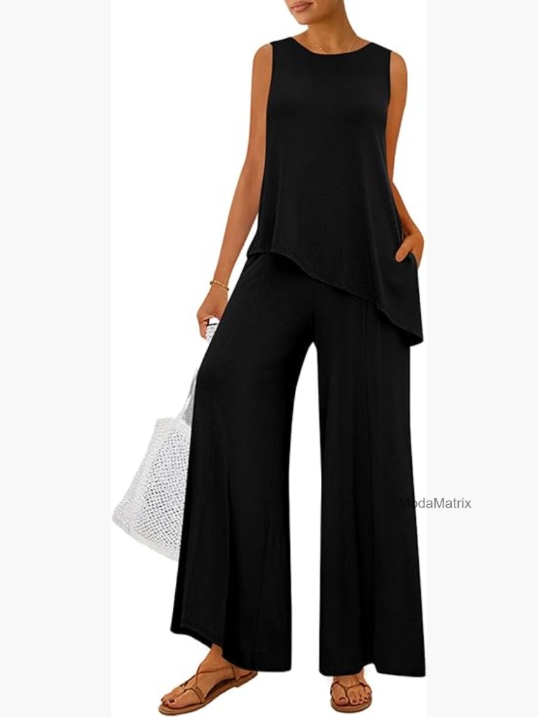Two Piece Lounge Set Asymmetrical Tank Wide Leg Pants Summer Outfit
